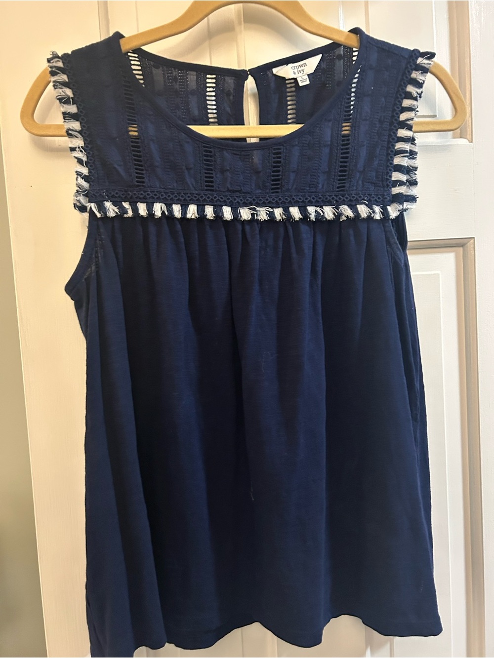 crown & ivy Navy Sleeveless Lace Yoke Dress with Fringe Trim